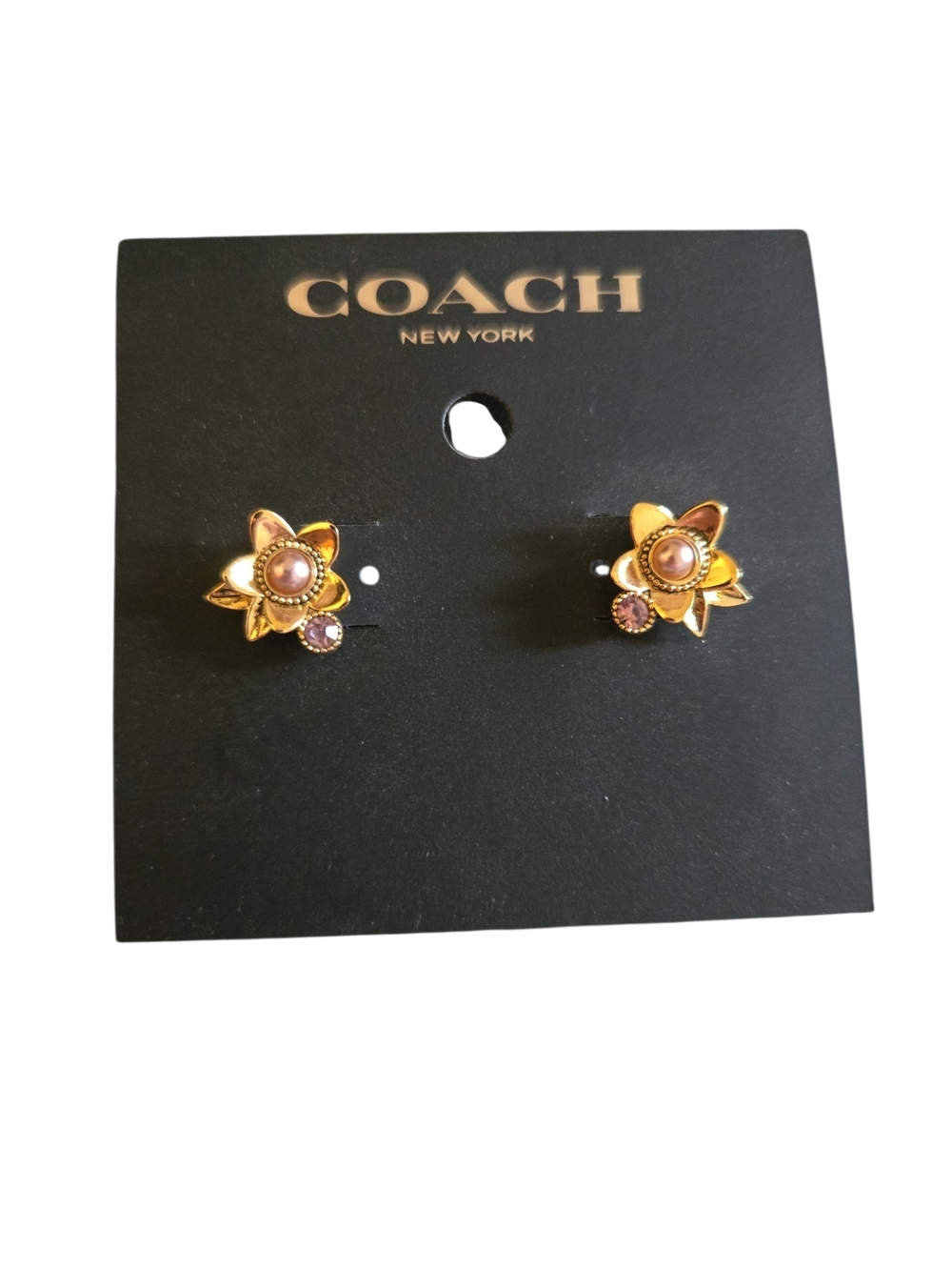 NWT Coach Gold Tone Wildflower Stud Earrings Pink Pearl Pink Crystal Gem - Picture 4 of 5